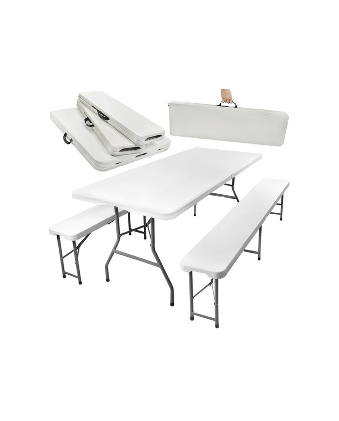 Vrtna zložljiva pivska miza z 2 klopema 180 cm bela