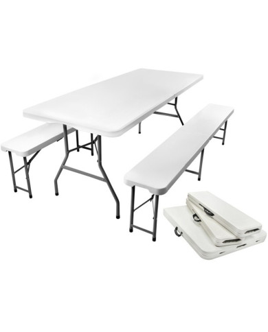 Vrtna zložljiva pivska miza z 2 klopema 180 cm bela