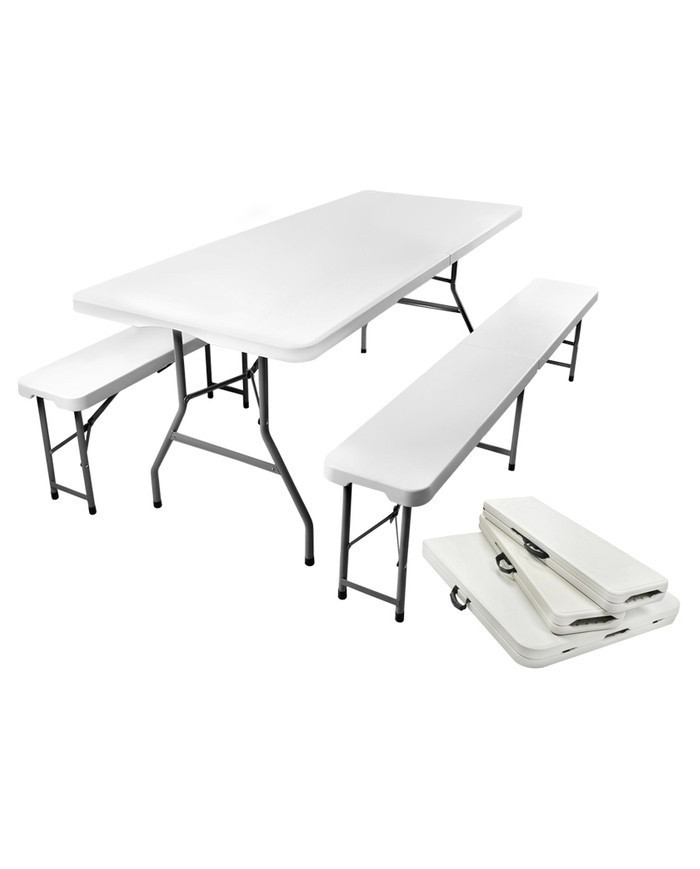 Vrtna zložljiva pivska miza z 2 klopema 180 cm bela