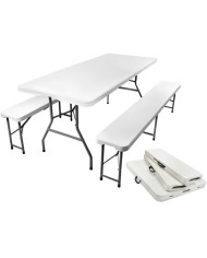 Vrtna zložljiva pivska miza z 2 klopema 180 cm bela