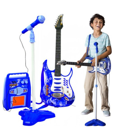 Otroški set LED električne kitare, mikrofona in ojačevalca MP3 – modra