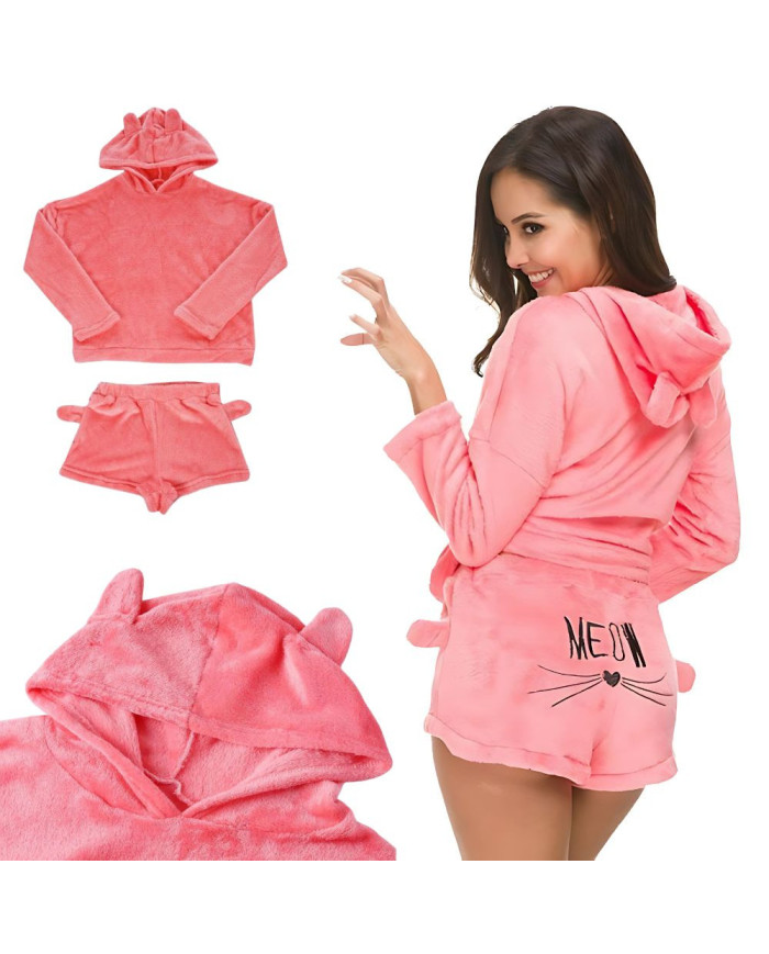 Topla ženska pižama iz mehkega pliša z kapuco – dvodelni komplet