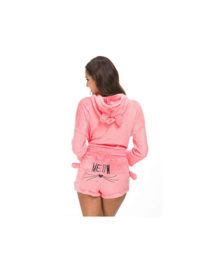 Topla ženska pižama iz mehkega pliša z kapuco – dvodelni komplet