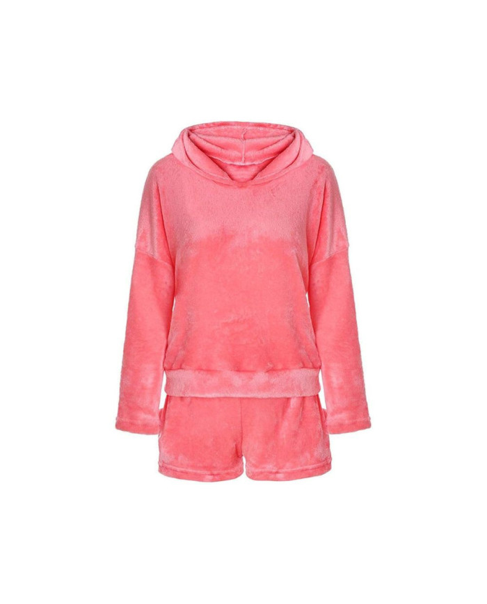 Topla ženska pižama iz mehkega pliša z kapuco – dvodelni komplet