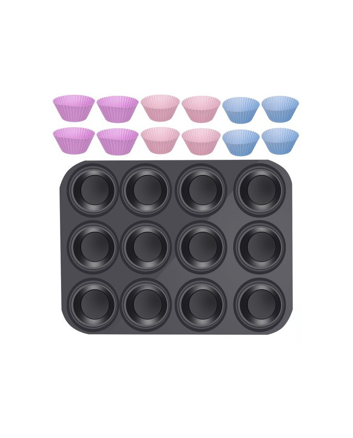 Teflonski pekač + 12 silikonskih modelčkov za peko mafinov